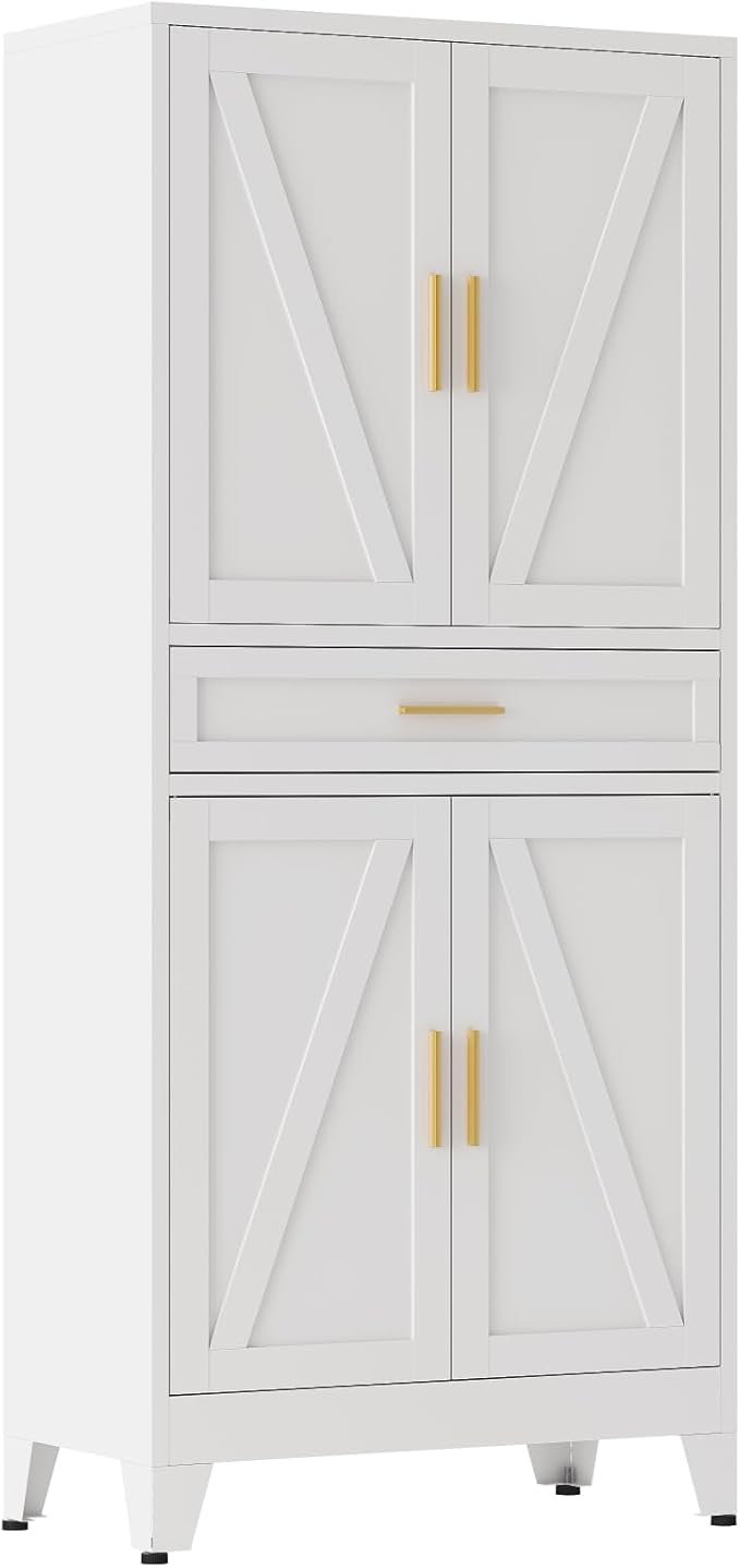 Large Metal Kitchen Pantry Cabinet with Adjustable Shelves - Freestanding Kitchen Storage Cabinet for Dining Room,Livingroom Bathroom, Hallway, Workshop, Office (White, 71"-1 Drawer)