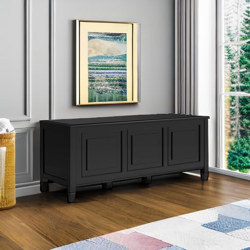 SIMPLIHOME Connaught Entryway Storage Bench - 51 inch Wide Solid Wood Storage Trunk Seat in Black, Traditional Bench for Entryway or Living Room with Lift-Up Lid and Decorative Moulding