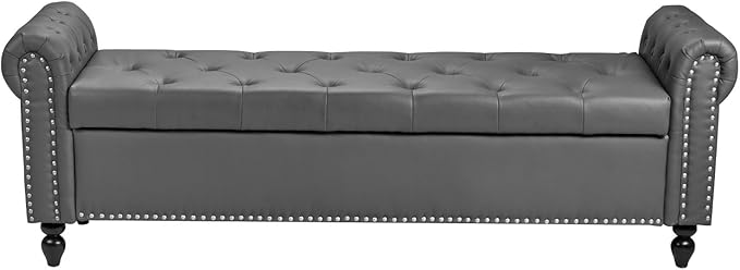 VEVOR Button-Tufted Storage Ottoman Bench, Rolled Arm PU Leather Bench with Solid Wood Legs, Modern Shoe Benches Seat for Entryway, Upholstered End of Bed Benches for Living Room, Dining Room, Gray
