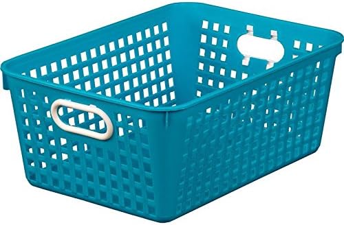 Really Good Stuff Multi-Purpose Plastic Storage Baskets for Classroom or Home Use - Stackable Mesh Plastic Baskets with Grip Handles 13" x 10" (Neon Blue - Set of 12)