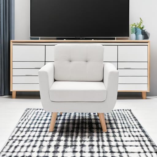 Tbfit Linen Fabric Accent Chair, Mid Century Modern Armchair for Living Room, Bedroom Button Tufted Upholstered Comfy Reading Accent Chairs Sofa(Beige)