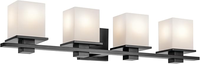 KICHLER Tully 32" 4-Light Vanity Light with Satin Etched Cased Opal Glass in Black for Over a Vanity, Soft Modern Style, (32" x 6.5" x 7"), 45152BK