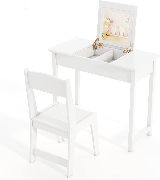 HONEY JOY Kids Vanity, Wooden Girls Vanity Desk with Flip Top Mirror, Hidden Storage Space, Toddler Makeup Vanity Dressing Table, Pretend Play Kids Vanity Table and Chair Set (White)