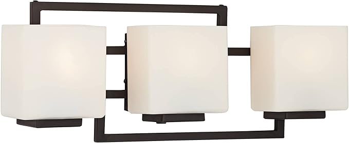 Possini Euro Design Lighting on The Square Modern Wall Mount Light Bronze Metal Hardwired 21" Wide 3-Light Fixture Geometric Opal Glass Shades for Bathroom Vanity Mirror House Home Room Decor
