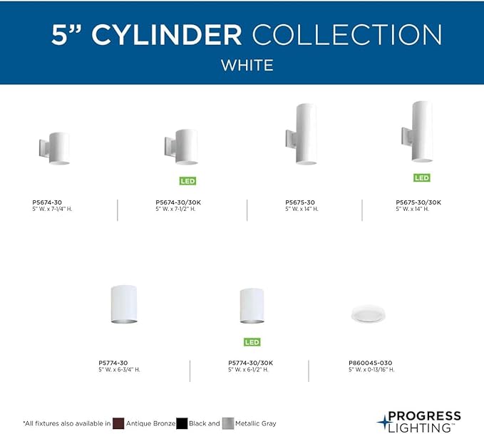 Progress Lighting 5-Inch Cylinder Outdoor Ceiling Light, 1-Light Modern Flush Mount Ceiling Fixture, Interior and Exterior Lighting for Home or Porch, Aluminum Construction, White, P5774-30