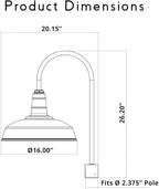 Steel Lighting Co. Gardena Barn Light | Outdoor Pole Top Mounted | 16" Dome | Upslope Gooseneck with Slip Fitter for 2-3/8" Standard Poles | Made in America | Matte Black Exterior/White Interior