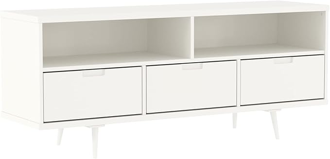 Walker Edison Millie Mid Century Modern 3 Drawer Solid Wood Low Stand for TVs up to 65 Inches, 58 Inch, White