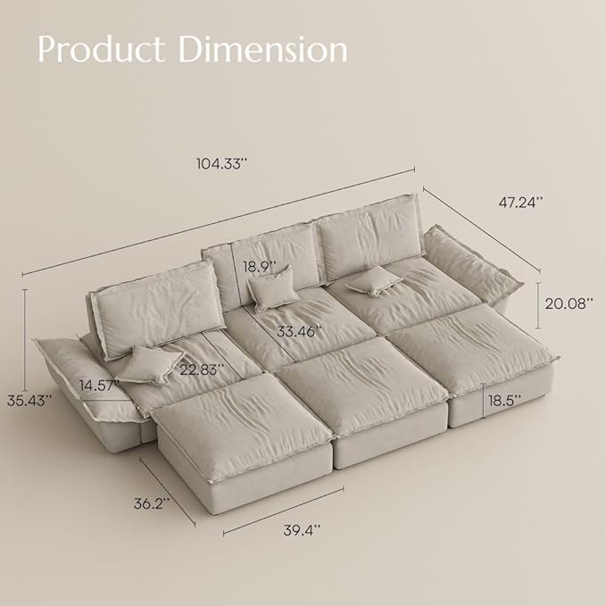 POVISON Oversized Modular Sectional Sailboat Sofa for Living Room with Adjustable Backrest Sectional Couches Large Deep Sofa Set 3 Seats Big with 3 Ottomans Comfy Cloud Couch for House Office