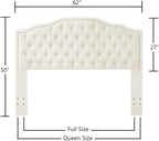 24KF Upholstered Button Tufted Queen Headboard with Nailhead Trim, Elegant Boucle Fabric Full headboard, 6031-Q-Boucle-Ivory