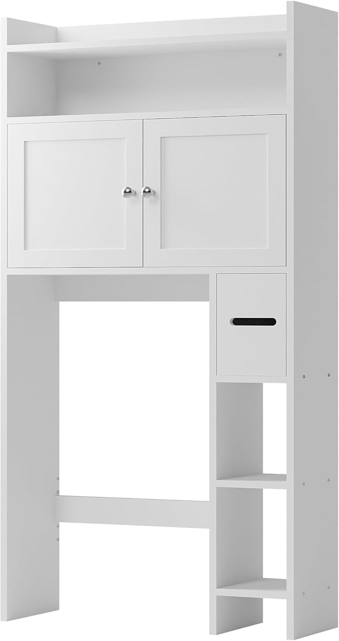 MU Over The Toilet Storage Cabinet with Doors, 32" Bathroom Storage Organizer with Side Shelves, Space-Saving Toilet Storage Rack for Bathroom, Laundry (White)