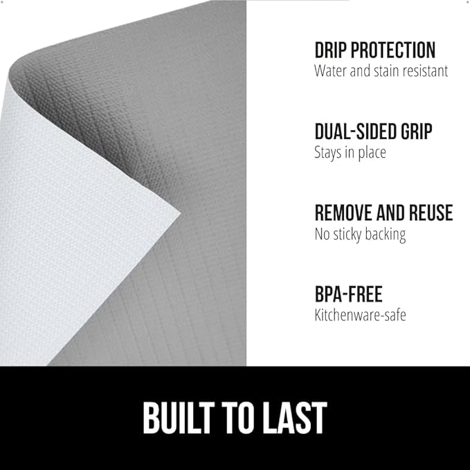 GORILLA GRIP DripGuard Shelf Liner, Non Adhesive Drawer and Kitchen Cabinet Protector, Slip Resistant BPA Free Smooth Surface Plastic Liners for Cabinets, Bathrooms, Closets, 17.5x240 Inch, Gray