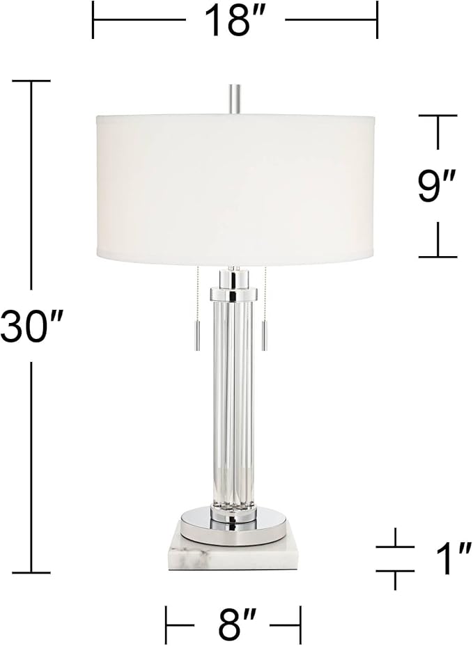 Possini Euro Design Cadence Modern Table Lamp 30" Tall with Square White Marble Riser Linear Glass Rod White Linen Drum Shade for Bedroom Living Room Nightstand Bedside Night Stand Office Kids Room
