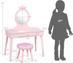 Costzon Kids Vanity Set, Wooden Princess Makeup Table with Cushioned Stool, Large Drawer, Solid Wooden Legs and Crown Mirror, Pretend Beauty Make Up Dressing Play Set for Girls Best Gift (Pink)