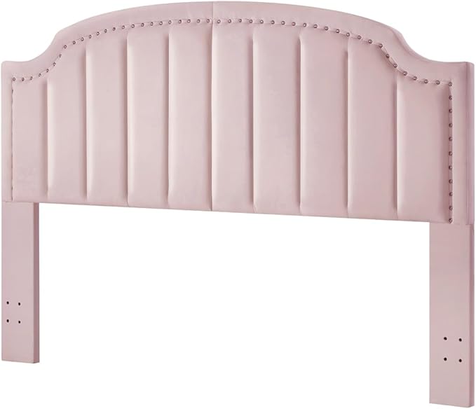 24KF Velvet Fabric Upholstered King/California King Headboard with Nail Trims, Modern Vertical Channel Design with Curved King Headboard, 6052-K-Pink