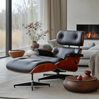 Top Black Grain Leather, Mid Century Chaise Lounge Chair and Ottoman, Modern Chair Classic Design, Red Rosewood, Heavy Duty Base Support for Living Room Office