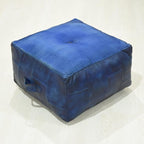 Handmade Eco-Friendly Geometric Leather Pouf Vintage Blue Color Square 21" x 21" x 12" Buffalo Leather Pouf for Living Room, Bedroom Seating, Patio