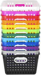 Really Good Stuff Large Plastic Book Baskets, 13.25" by 10" by 5.5" - 12 Pack, Rainbow Color, Classroom Library Organizer, Toy Storage, Multi-Purpose Organizer Basket