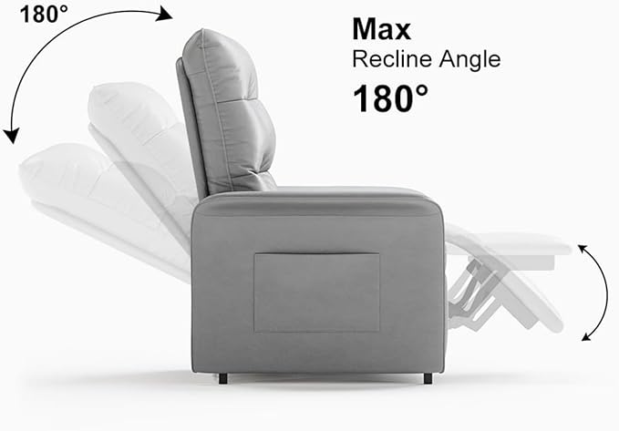 Power Recliner Accent Chair with Side Pocket High-Back 180° Recline Faux Leather Living Room Chairs, Comfy Chair for Bedroom Reading (Gray)