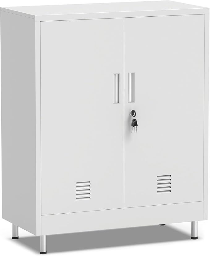 Metal Storage Cabinet with Locking Doors and Adjustable Shelves, Small Lockable Storage Cabinet for Home Office Garage Pantry Entryway Living Room (White)
