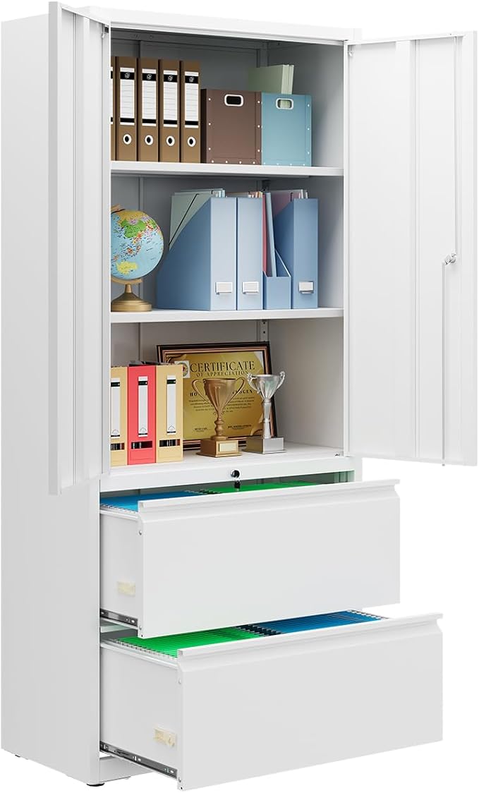 DEVAISE 71" Metal Storage Cabinet, 2-Drawer Lateral File Cabinet, Adjustable Shelves & Doors, White Garage Storage Cabinet, Heavy Duty Tall Cabinet for Home Office, Garage Organization