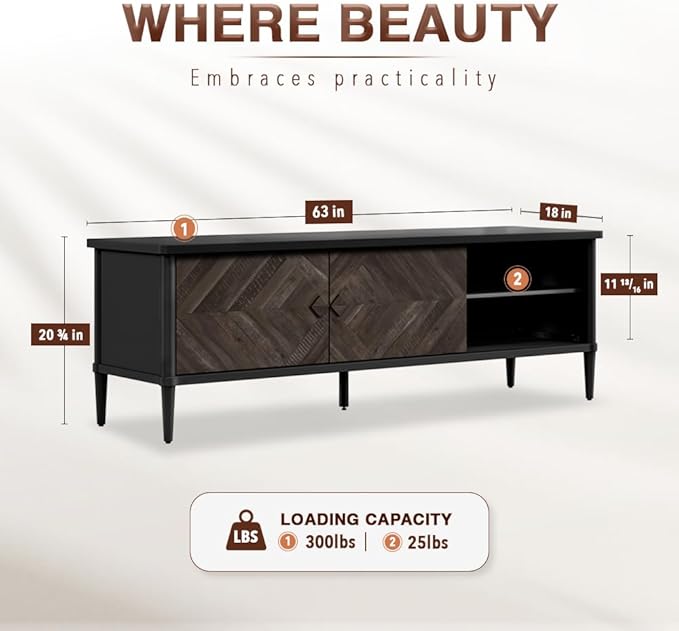 Lenia 65 Inch Solid Acacia Wood TV Stand, Modern Farmhouse Mid Century Media TV Console, Entertainment Center with Storage & Cabinets for Living Room, Mocha Black Finish