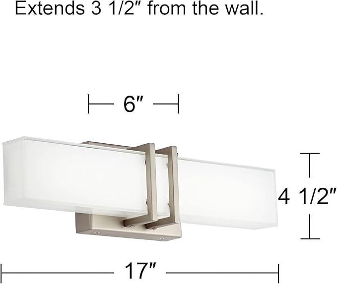 Possini Euro Design Exeter Modern Art Deco Wall Mount Light LED Brushed Nickel Silver Metal 17" Wide Vanity Fixture Rectangular Silk Screened Glass Shade Decor for Bathroom Over Mirror House Home