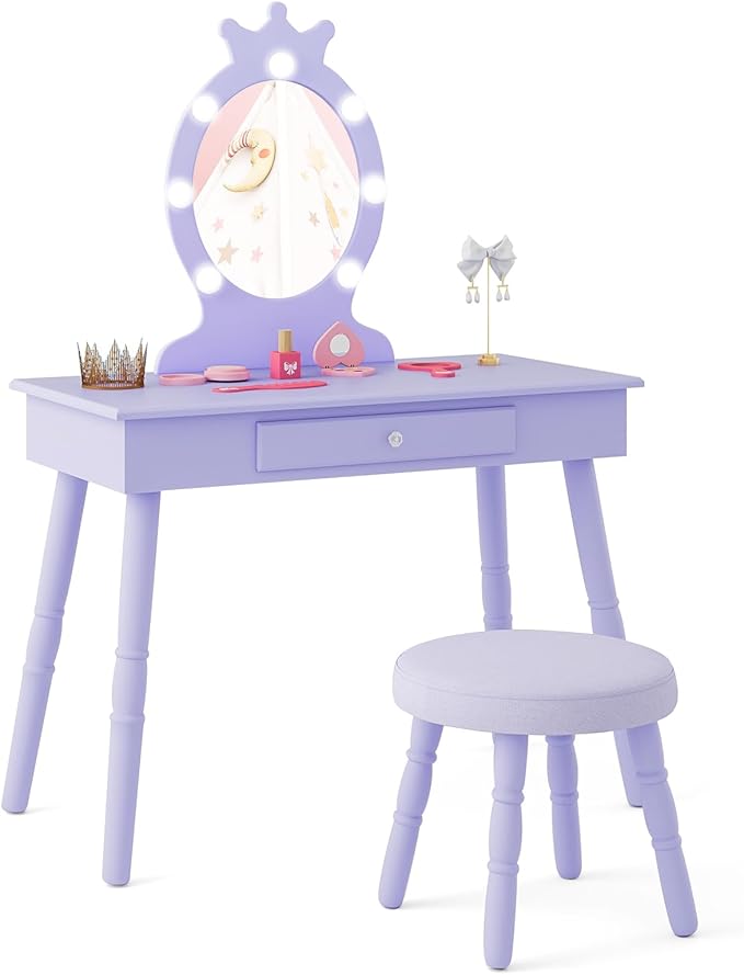 Costzon Kids Vanity, Girls Vanity Set with Mirror and Stool and Lights, Drawer, 2 in 1 Wooden Makeup Vanity Desk Dressing Table, Kids Vanity Table and Chair Set (Violet)