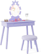 Costzon Kids Vanity, Girls Vanity Set with Mirror and Stool and Lights, Drawer, 2 in 1 Wooden Makeup Vanity Desk Dressing Table, Kids Vanity Table and Chair Set (Violet)