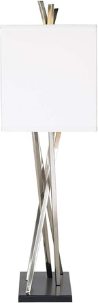 Possini Euro Design Modern Table Lamp 30" Tall Brushed Nickel Silver Open Asymmetry Metal White Linen Rectangular Box Shade for Bedroom Living Room House Home Bedside Nightstand Office Kids Family