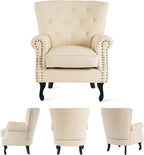 MOJAY PU Leather Accent Chair Set of 2, Modern Armchair Living Room Chair, Upholstered Club Chair with Rivet Trim, Mid-Century Sofa Chair with Sturdy Wood Legs for Bedroom (Ivory White)