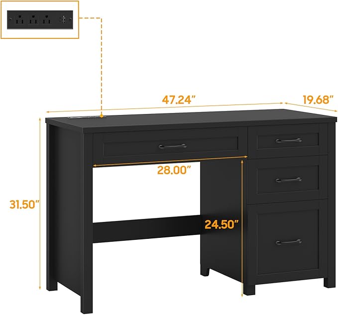 Farmhouse 47" Executive Desk, Computer Desk with File Drawer and Charging Station, Workstation for Home Office, Study(Pure Black)