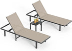 Pool Lounge Chairs Set of 3 (2 Loungers + 1 Side Table)，Outdoor Lounge Chairs with Wheels and 5-Position Recliner, Aluminum Patio Lounge Chair for Poolside, Deck (Khaki)