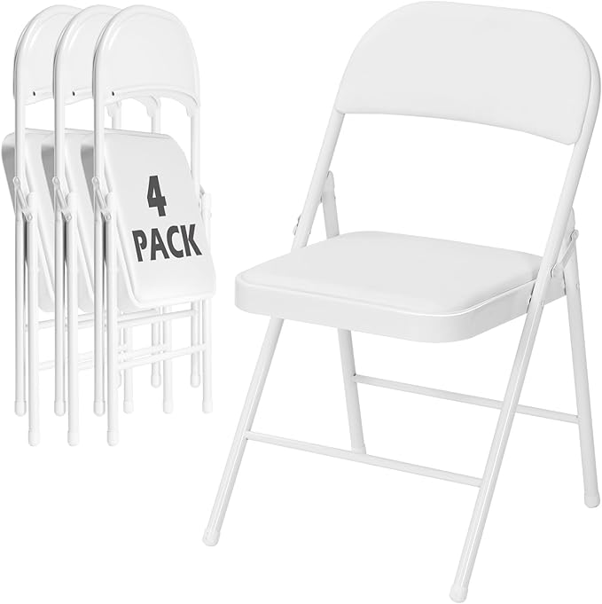 4 Pack White Folding Chairs with Padded Cushion for Outside, Portable Stackable Commercial Metal Foldable Chairs with Steel Frame for Home Events Office Wedding Party, 350lbs Capacity