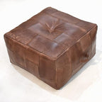 Handmade Eco-Friendly Geometric Leather Pouf Brown Color Square 21" x 21" x 12" Buffalo Leather Pouf for Living Room, Bedroom Seating, Patio