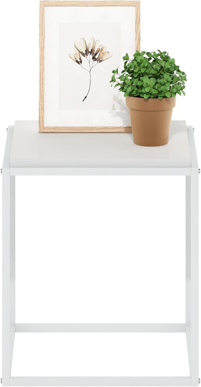 Furinno Moretti Side Table, 1-Tier Stackable Metal Frame End Table, Night Stand, Bedside Table, Toolless Assembly, for Living Room, Bedroom, Solid White