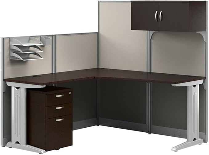 Bush Business Furniture Office in an Hour 65W L Shaped Cubicle Desk with Storage, Drawers, and Organizers in Mocha Cherry | Modern Computer Table Set with Privacy Panels for Commercial Workspace