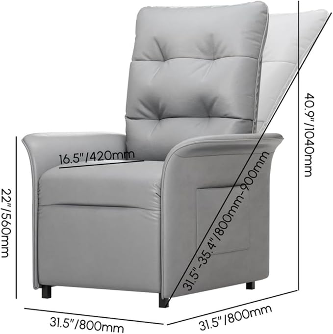 Power Recliner Accent Chair with Side Pocket High-Back 180° Recline Faux Leather Living Room Chairs, Comfy Chair for Bedroom Reading (Gray)