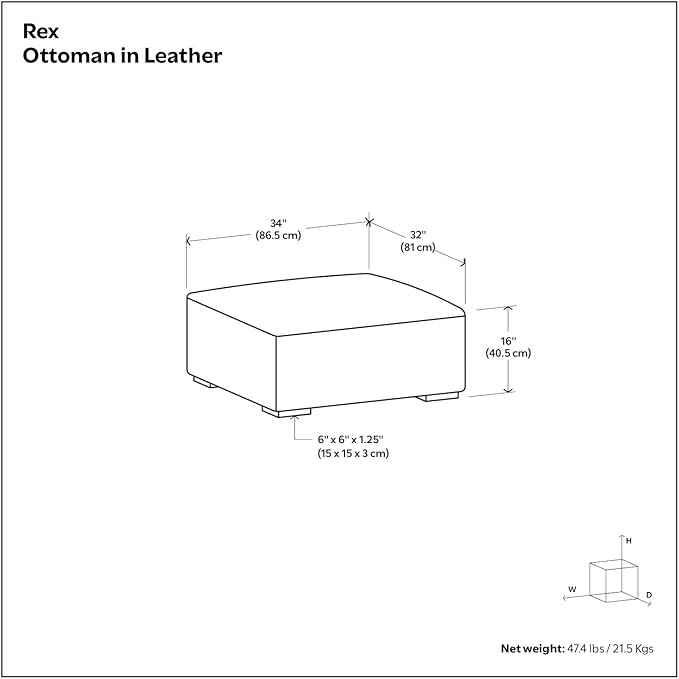 SIMPLIHOME Rex Ottoman in Full-Grain Genuine Leather, Caramel Brown, 34-inches Wide, Modern-Style Table Ottoman or Footrest, Assembled, for Living Room and Family Room