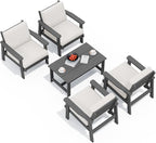 SERWALL Outdoor Patio Furniture Set, 5 Piece HDPE Patio Conversation Sets, All-Weather Wood-Like Outdoor Couch Loveseat and Coffee Table with Thick Cushions for Porch Balcony Garden Backyard
