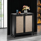 SICOTAS Rattan Sideboard Buffet Storage Cabinet - Boho Credenza Coffee Bar Cabinet with Large Storage, Buffet Console Table for Kitchen Living Room Entryway - Black