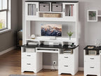 Bestier 77.8" H Executive Desk with Hutch, Modern Wood Computer Desk with Drawers, Charging Station, LED Light, Fluted Storage Cabinet, Keyboard Tray, 59" W Office Desk for Home Office, White