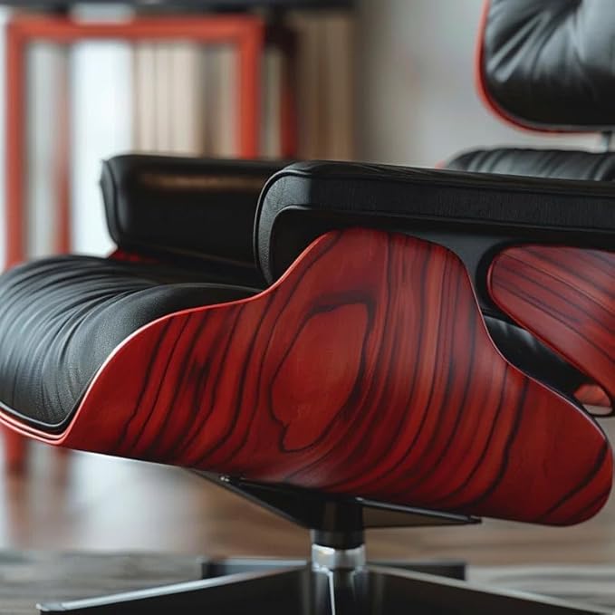 Top Black Grain Leather, Mid Century Chaise Lounge Chair and Ottoman, Modern Chair Classic Design, Red Rosewood, Heavy Duty Base Support for Living Room Office