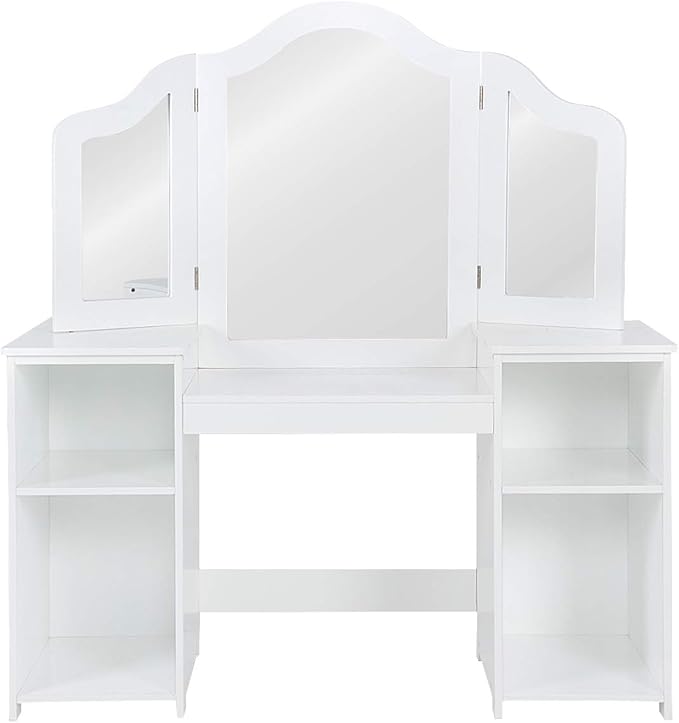 GOFLAME Kids Vanity Table, 2 in 1 Detachable Design with Dressing Table and Writing Desk, Princess Style, White MDF and Plastic Mirror, 42"×16"×46" (L×W×H), 2 Oversized Shelves, 3-Panel Mirror