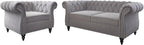 Chesterfield Loveseat Sofa, Modern Velvet Small Sofa Couch 2 Seater with Rolled Arms and Nailhead, Mid Century Modern Loveseat Couch for Small Spaces Living Room Bedroom Apartment, Grey
