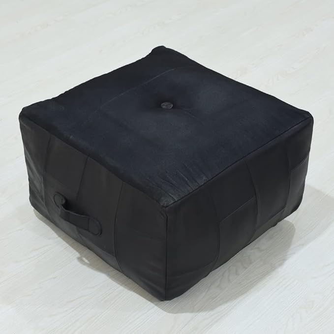 Handmade Eco-Friendly Geometric Leather Pouf Black Color Square 21" x 21" x 12" Buffalo Leather Pouf for Living Room, Bedroom Seating, Patio