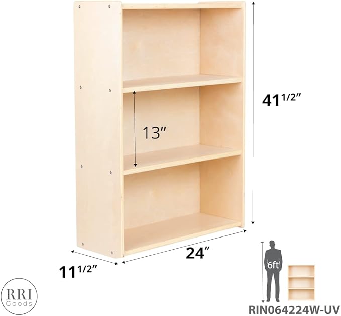 Child Three-Shelf Bookcase, 41.5”H x 24”W x 11.5”D Sturdy Birch Plywood Shelves for Daycare Storage of Books, Toys, Supplies, Smooth Natural Wood (42")