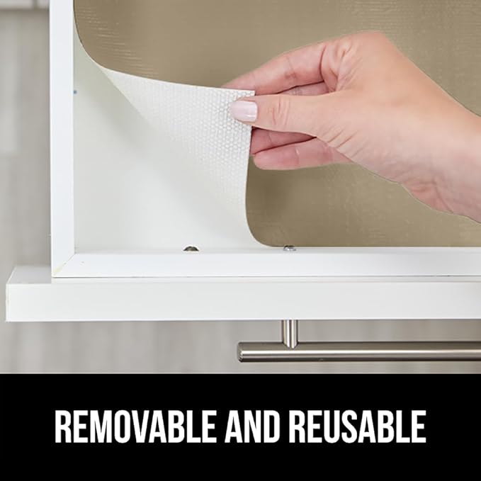 GORILLA GRIP DripGuard Shelf Liner, Non Adhesive Drawer and Kitchen Cabinet Protector, Slip Resistant BPA Free Smooth Surface Plastic Liners for Cabinets, Bathrooms, Closets, 17.5x120 Inch, Beige