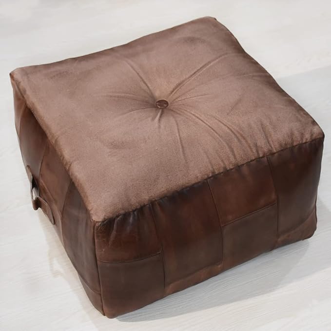 Handmade Eco-Friendly Geometric Leather Pouf Brown Color Square 21" x 21" x 12" Buffalo Leather Pouf for Living Room, Bedroom Seating, Patio