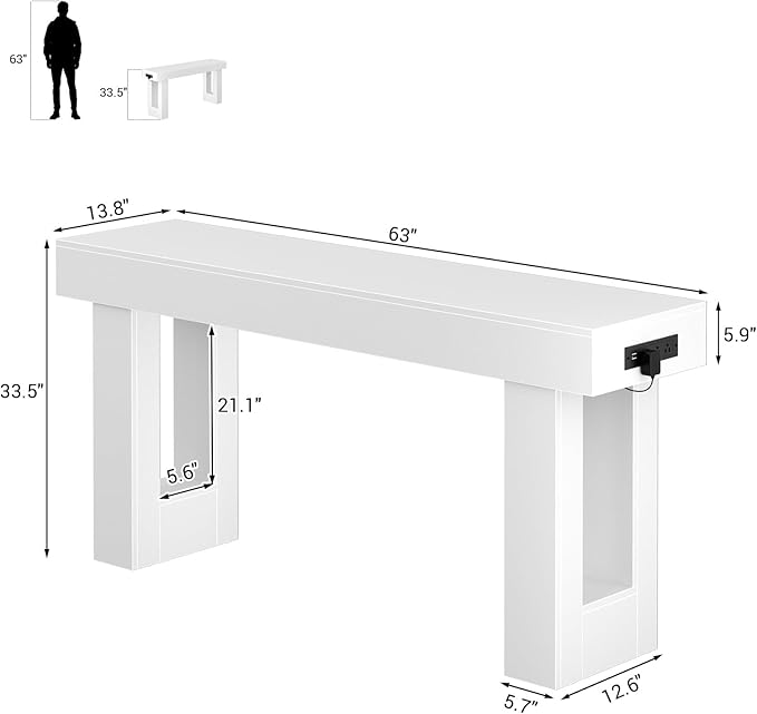 Unikito 63'' Farmhouse Console Table with Power Outlets and Sensor Light, Wooden Entryway Table with Storage, Rectangular Sofa Tables Behind The Couch for Entrance, Hallway, Living Room, White