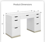 White Desk with 7 Drawers, 54 Inch Executive Desk with Drawers for Bedroom, Home Office Desk with Cabinet for Work Writing Study, Small Spaces